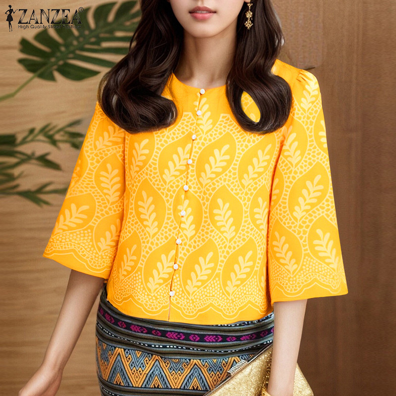 ZANZEA เสื้อเบลาส์ผู้หญิง คอกลม แขน 3/4 พิมพ์ลาย ใส่สบาย ใส่ได้ทุกโอกาส - รูปที่ 3