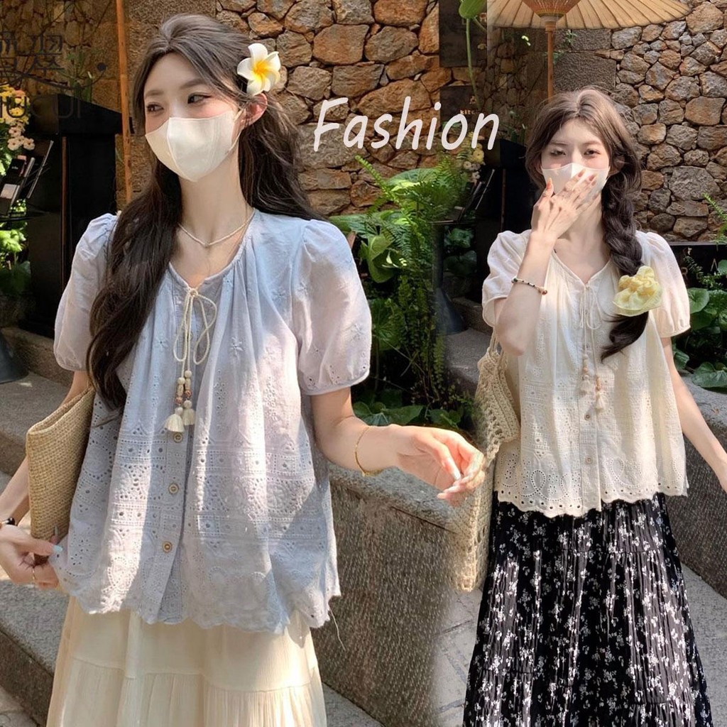 Dahong 💖 w640 เสื้อเบลาส์ลูกไม้เรียบๆสบายๆสำหรับผู้หญิง สีทึบ เสื้อเชิ้ตแขนสั้นแขนพัฟ เวอร์ชั่นเกาหลี สไตล์หวาน