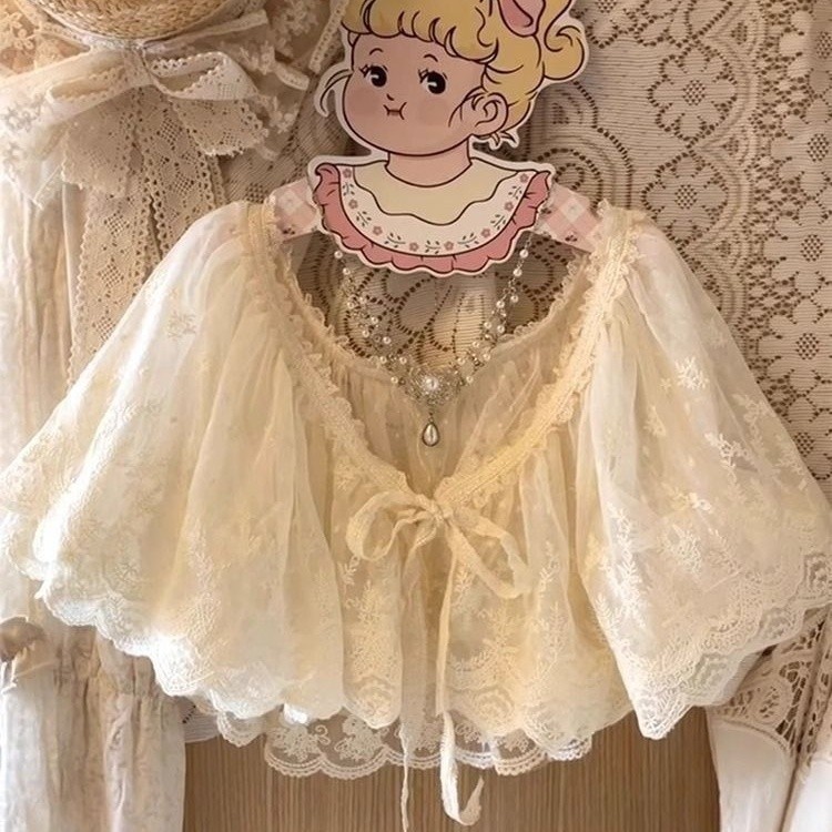 ผ้าคลุมไหล่ลูกไม้ สไตล์ Sweet Lolita และ Retro สำหรับหญิง ดีไซน์สองเลเยอร์ แต่งตัวได้หลากหลายโอกาส