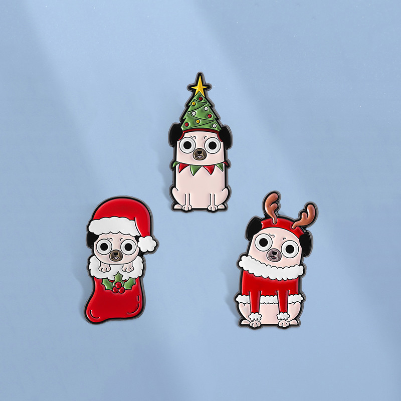 น่ารักคริสต์มาสสุนัขเคลือบ Pin ตลก Santa หมวกต้นคริสต์มาส Pug เข็มกลัดสัตว์ป้ายงานรื่นเริงอุปกรณ์เสริมของขวัญสําหรับเพื่อน