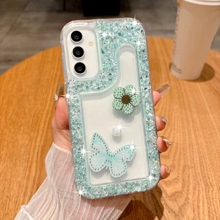 SAMSUNG สําหรับSamsung A06 A07 A17 A16 A26 A36 A56 A14 A34 A54 A05 A05s A15 A35 A55 S26 S25 S24 Plus S26 Ultra 5G Glitterดอกไม้ผีเสื้อฝาครอบนุ่ม