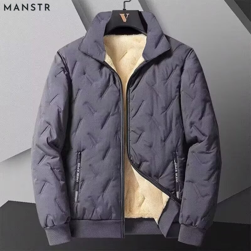 MANSTR [M-5XL] Winter Fur Lining Super Warm Zipped Collar Jackets Simple Casual Solid Color Thermal Coat