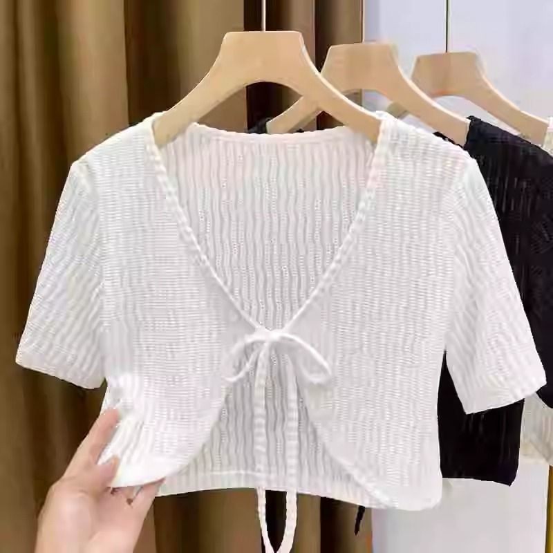 เสื้อคาร์ดิแกนสตรี ผ้าเรนถัก โบฮู สไตล์ แขนสั้น บางเบา ใส่คลุมได้ ไปทะเล สวยงาม 2025
