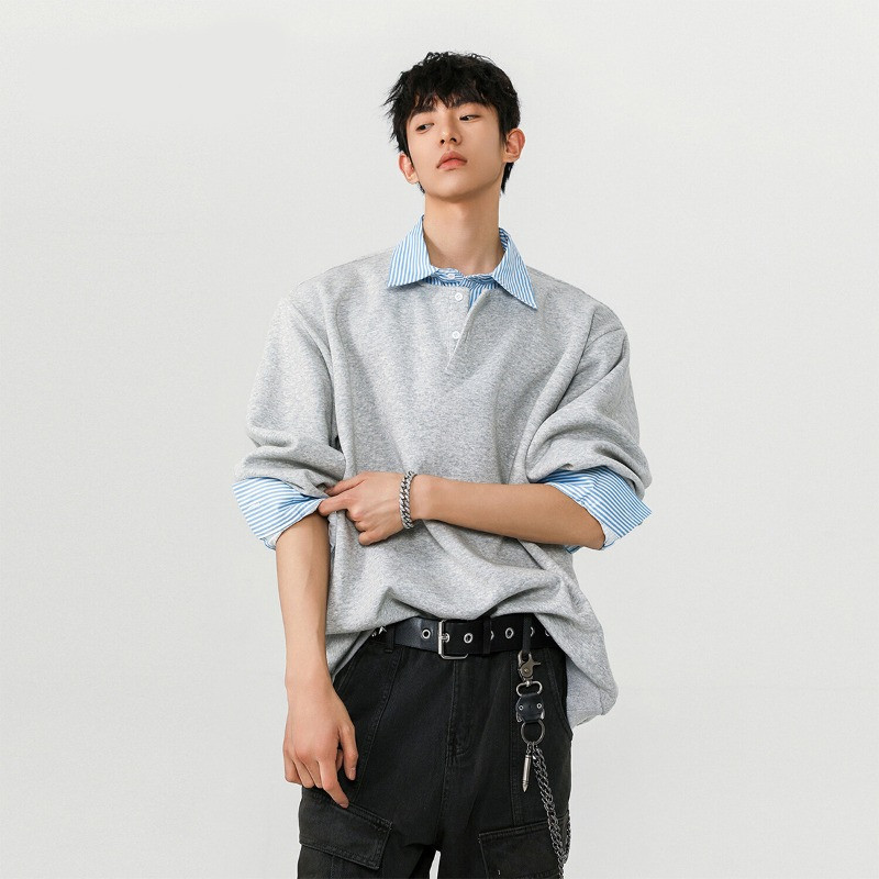 SUIKONE เสื้อกันหนาวสีเทาสำหรับชายและหญิง สไตล์เกาหลี แบบสองชิ้น พับคอปก เหมาะสำหรับฤดูใบไม้ร่วงและสไตล์วิทยาลัย