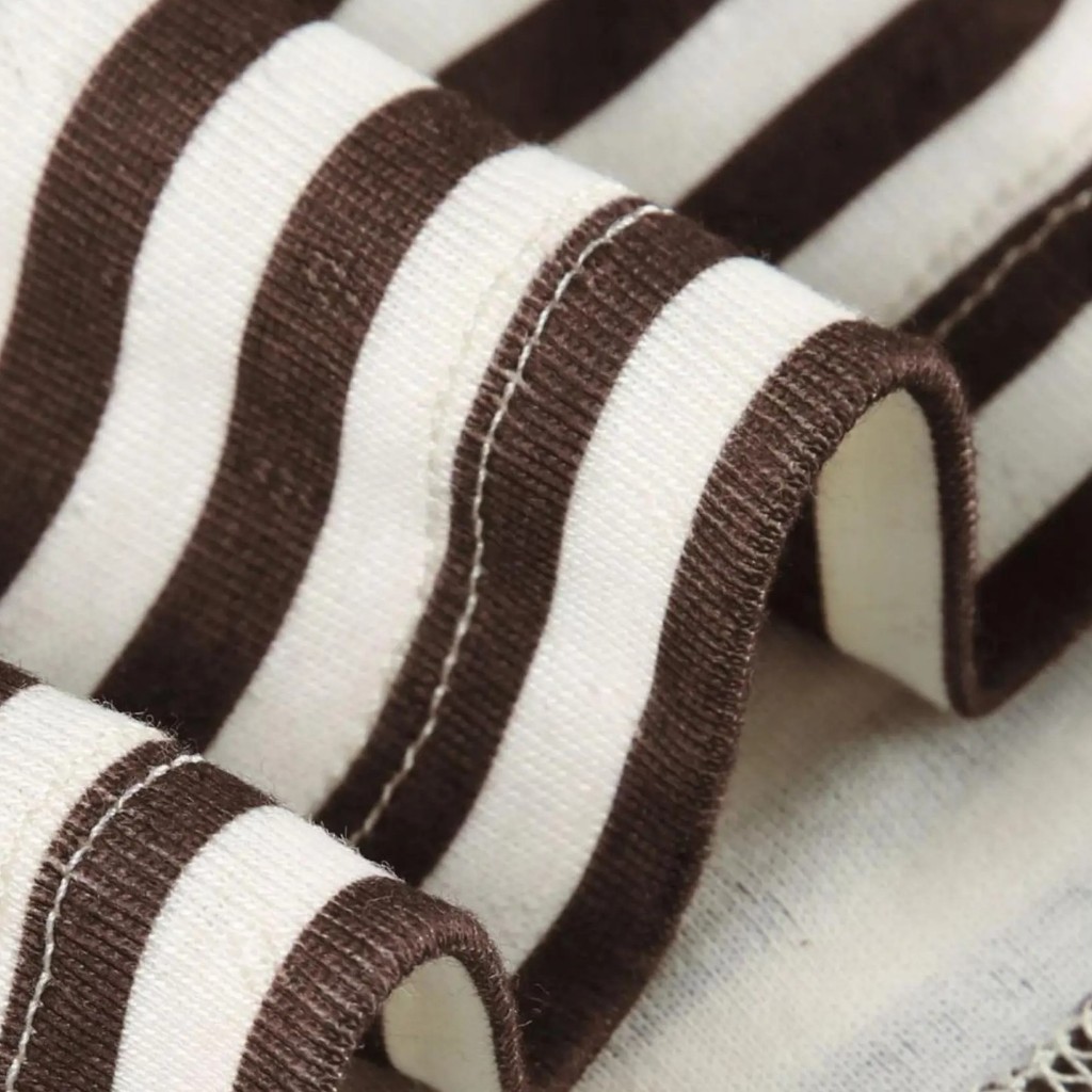 ชุดเซ็ต2ชิ้น เสื้อแขนยาว สีน้ำตาล ลายทาง กระดุมหน้าจริง + กางเกงขาสั้นเอวเชือกรูด ผ้านุ่ม #1342 - รูปที่ 7