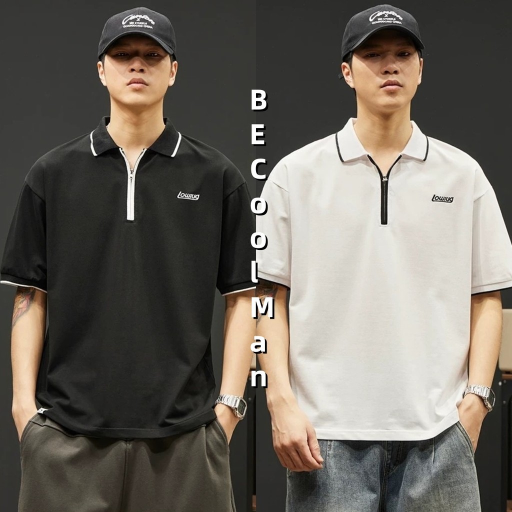 💥BECoolMan💥แขนสั้นครึ่งซิปสำหรับผู้ชาย  มีสไตล์  พิมพ์ลายตัวอักษร  แฟชั่นสุดๆ  เสื้อผ้าผู้ชายแฟชั่น  ลำลอง