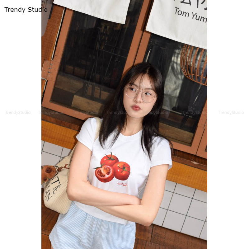 【พร้อมส่ง】เสื้อยืด baby tee ลาย tomato เสื้อยืดครอปพิมพ์ลาย ผลิตจากผ้าฝ้ายแท้ เสื้อคอกลมแขนสั้น crop top 100%cotton