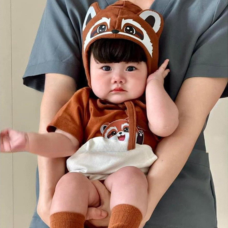 Raccoon~summer New Baby romper Baby Cute Raccoon Shaped jumpsuit+หมวก