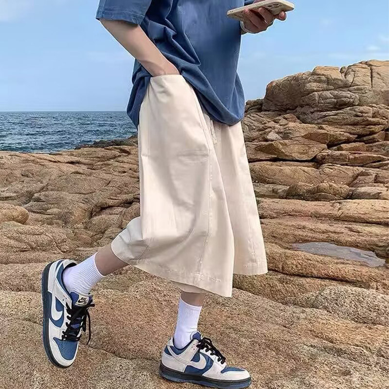 กางเกงขาสั้นทํางานลําลองขากว้างย้อนยุคอเมริกันสําหรับผู้ชาย กางเกงขากว้างทรงหลวมเอวสูงกระชับสัดส่วน