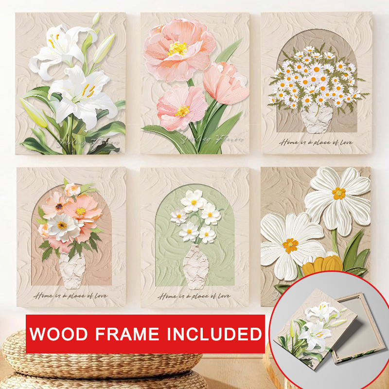 (พร้อมกรอบ) กรอบไม้เนื้อแข็งตกแต่งผนังภาพวาดบทคัดย่อลายดอกไม้สไตล์นอร์ดิกสําหรับตกแต่งบ้านห้องนั่งเล่น