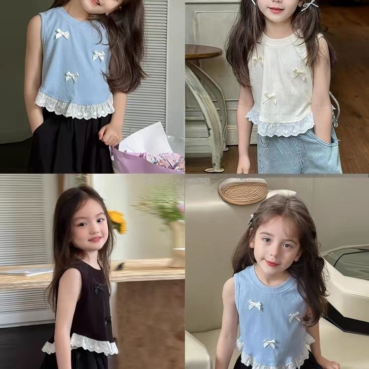 สาวเกาหลีเสื้อยืดเด็กโบว์แขนกุดเสื้อกั๊กเด็กหวานเย็บลูกไม้ด้านบน
