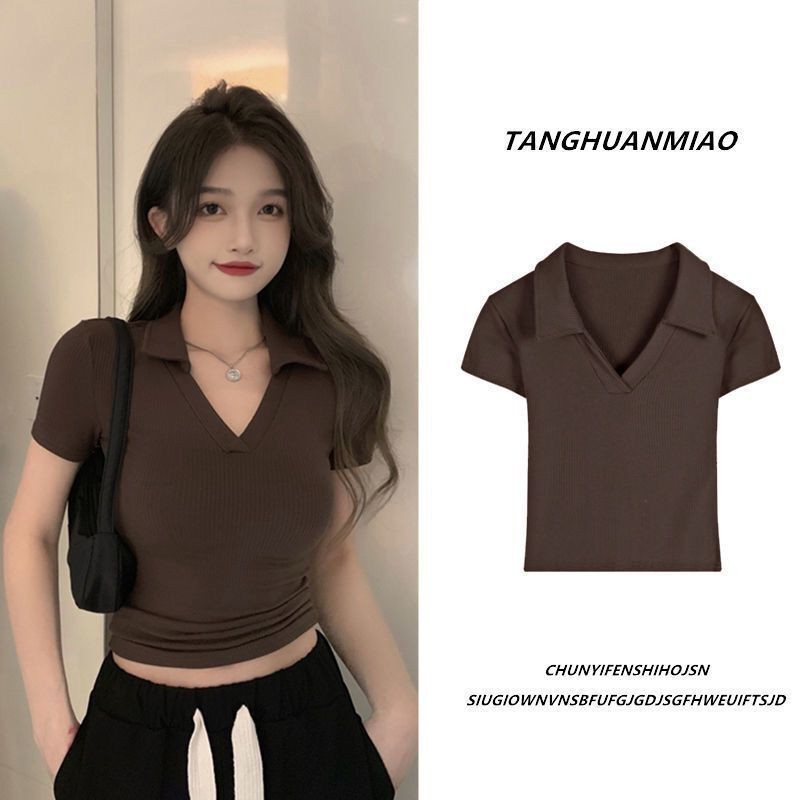 ฤดูร้อนด้ายบวกไหล่เสื้อยืด / Pure Want Slim คอวีเสื้อยืด / แขนสั้นคอโปโล
