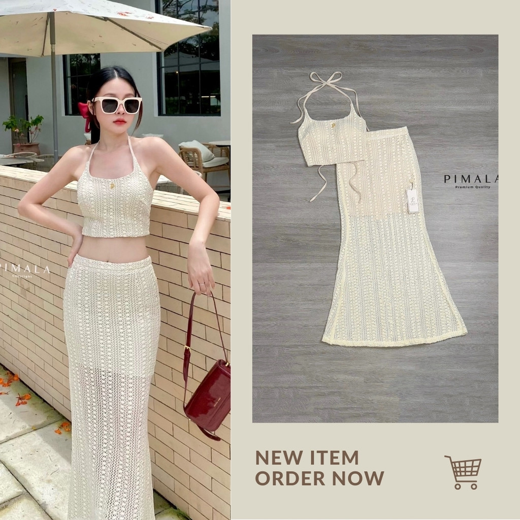 พร้อมส่ง 😎 XS-L ชุดไปทะเล เสื้อครอปคล้องคอ + กระโปรงยาว งานป้าย Pimala ชุดเที่ยวทะเล