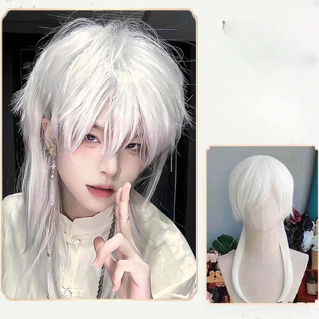 สีขาวอะนิเมะคอสเพลย์วิกผมสั้นผู้ชายวิกผมสังเคราะห์อุณหภูมิสูงไฟเบอร์คอสเพลย์ผมสําหรับผู้ชายผู้หญิงพรรคสวมใส่ - รูปที่ 2