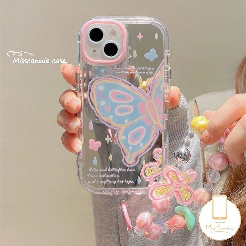 Dreamy ผีเสื้อ Love Heart สร้อยข้อมือสําหรับ Redmi 13C A3 9A 10A 12 12C 9C NFC หมายเหตุ 13 9 11 12 9s 8 10 Pro Max Poco C65 C55 X6 M6 Pro หรูหรา Make Up กระจกพับฝาครอบ