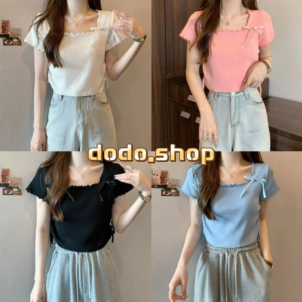 DoDo⭐️พร้อมส่ง⭐️เสื้อไหมพรมแขนสั้น คอสี่เหลี่ยม ผูกโบว์สีพื้นแต่งขอบหยัก(09005)