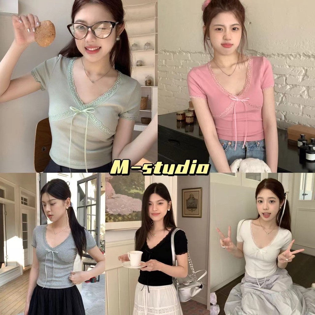 Maze พร้อมส่ง เสื้อยืดแขนสั้น ดีเทลลายลูกไม้คาด ผ้านุ่ม สีพื้น สไตล์สาวหวาน(58116)