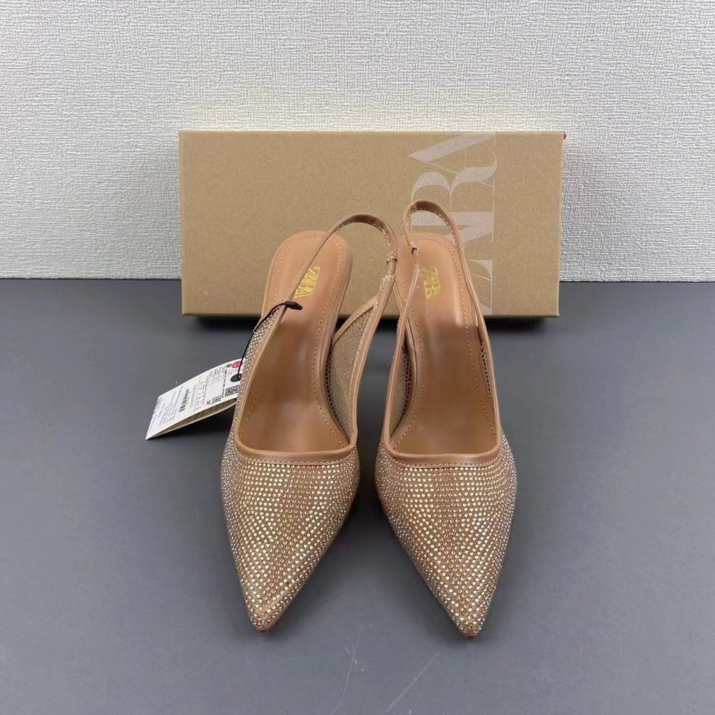 Za สินค้าใหม่ 2024 ฤดูร้อน Pointed Toe กลับสายรัด Stiletto รองเท้าส้นสูงผู้หญิง Rhinestone Halter แฟชั่นรองเท้าแตะเดี่ยวผู้หญิง RA