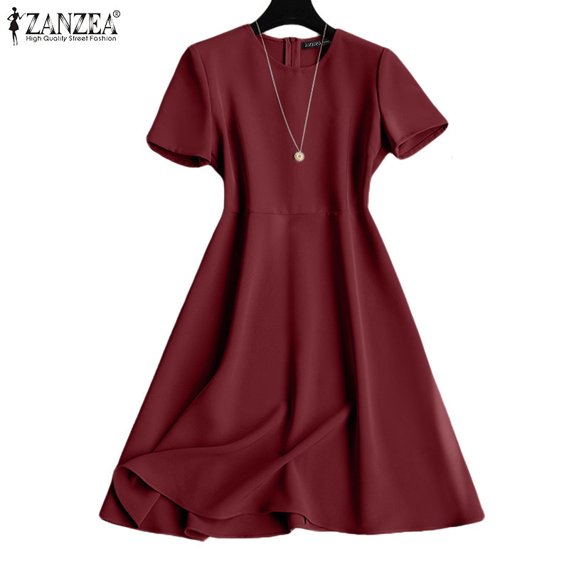 ZANZEA ใส่ ซานเซีย ผู้หญิงวันหยุดเกาหลีแขนสั้นเอวรอบคอชุดประกบ