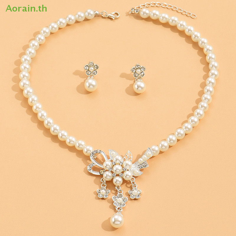 # Hot Fashion # 1Set Women Necklace Beaded Glossy Faux Pearls Rhinestone ฝังดอกไม้เจ้าสาวสร้อยคอต่างหูสตั๊ดชุด ราคา ถูกที่สุด ดีลบีเคเค แกลเลอรีภาพที่ 8