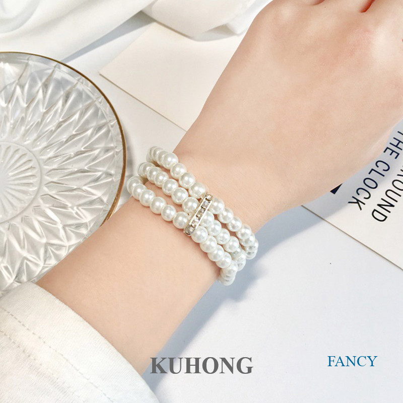 Kuhong เวอร์ชั่นเกาหลีของสร้อยข้อมือมุก Rhinestone สามชั้นหรูหราหลายชั้นยืดหยุ่นสร้อยข้อมือแบบปรับได้ผู้หญิงของขวัญ