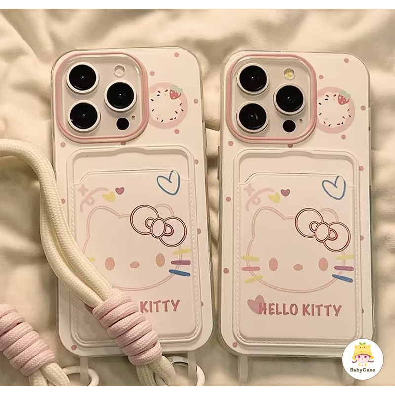 น่ารักHello Kittyหัวใจแห่งความรัก ช่องใส่บัตรพร้อมส เคส IPhone 16 11 12 13 15 14 Pro Max XS X XR Max 7 15 8 14 Plus SE
