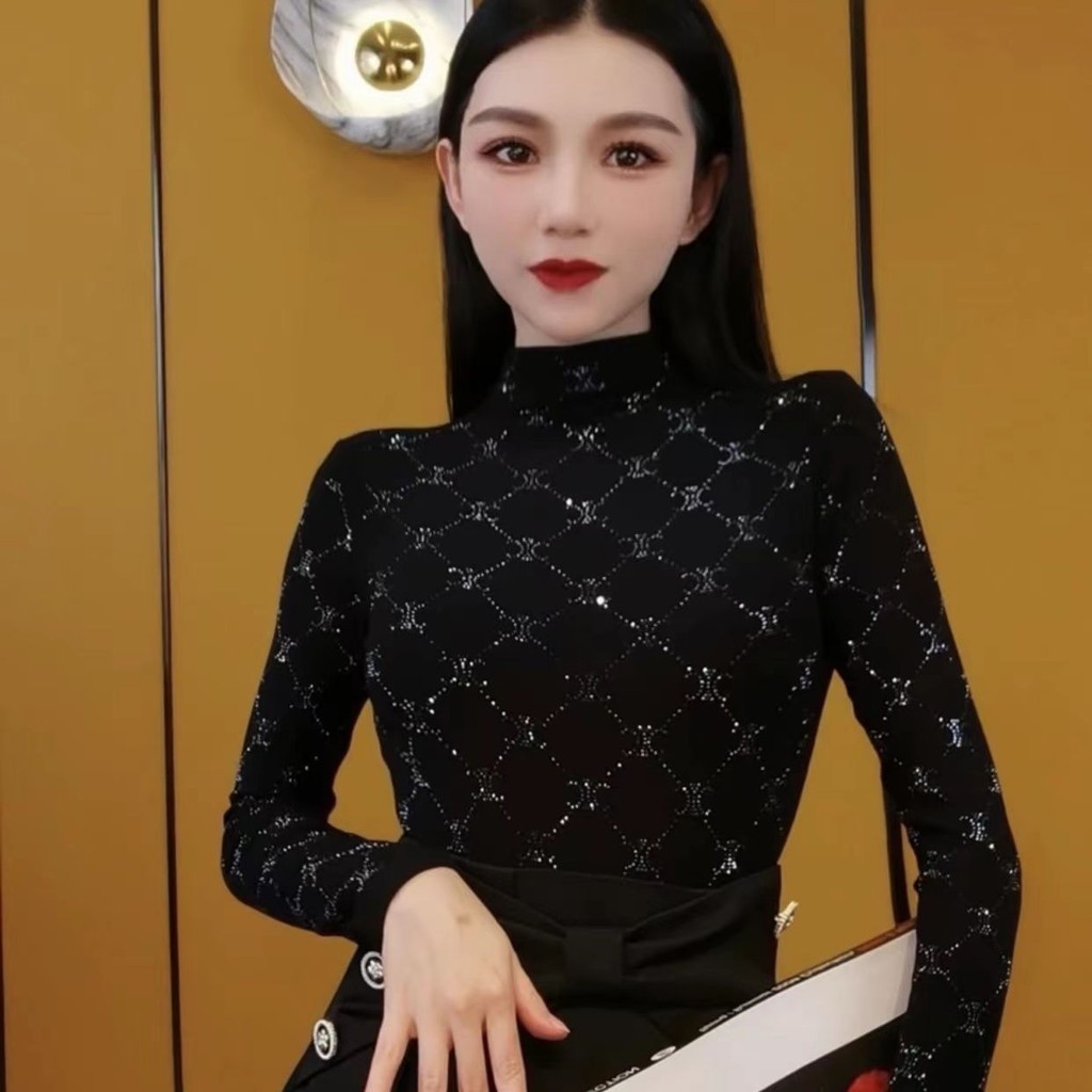 ส่องแสงแฟชั่นใหม่อุตสาหกรรมหนักเพชรร้อนแขนยาวครึ่งคอสูงด้านบน