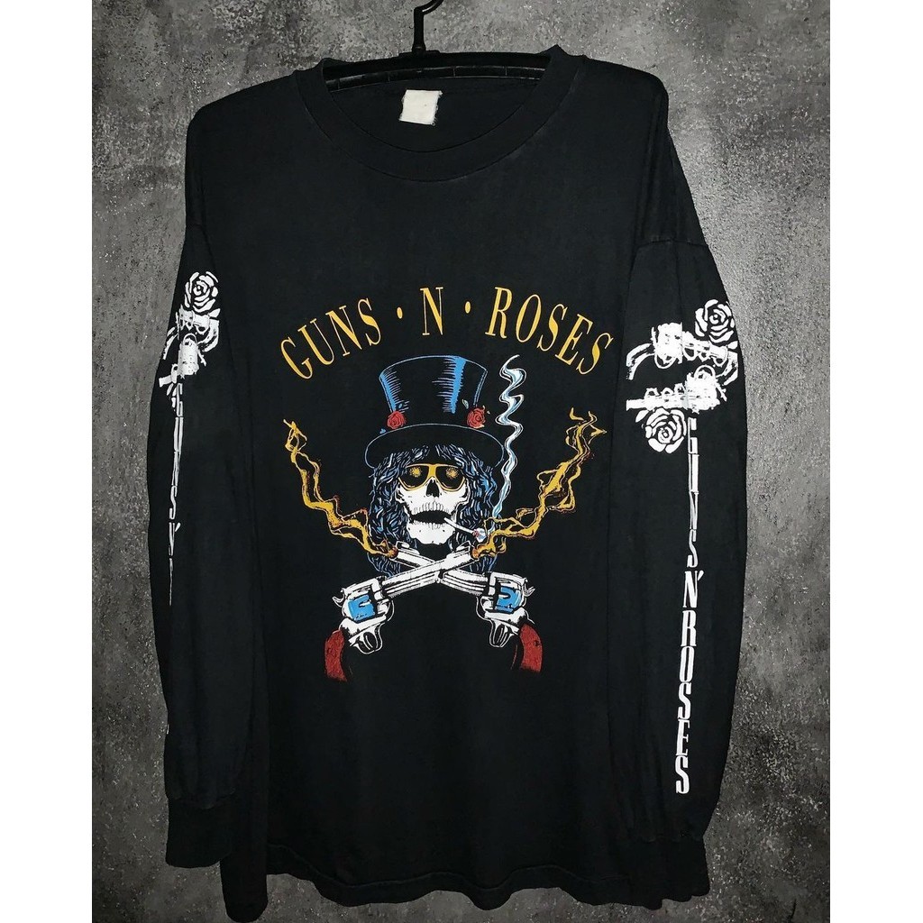 Guns N Roses Gun และ Rose Gun Flower vintage American Retro High Street เสื้อยืดแขนยาว