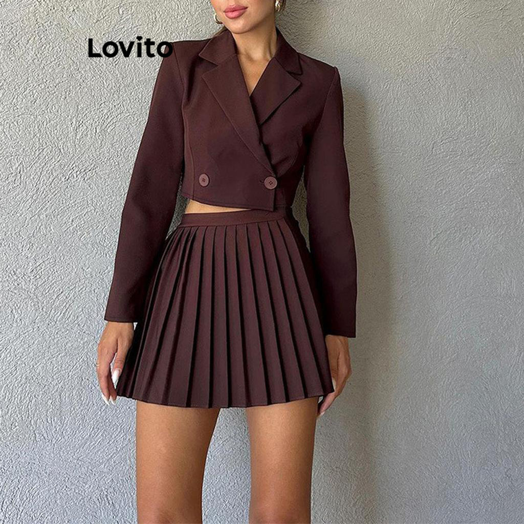 Lovito ชุดเซ็ทกระโปรงผู้หญิง มีกระดุม แต่งจีบ สีพื้น สไตล์เพร็พพี่ LNL62410