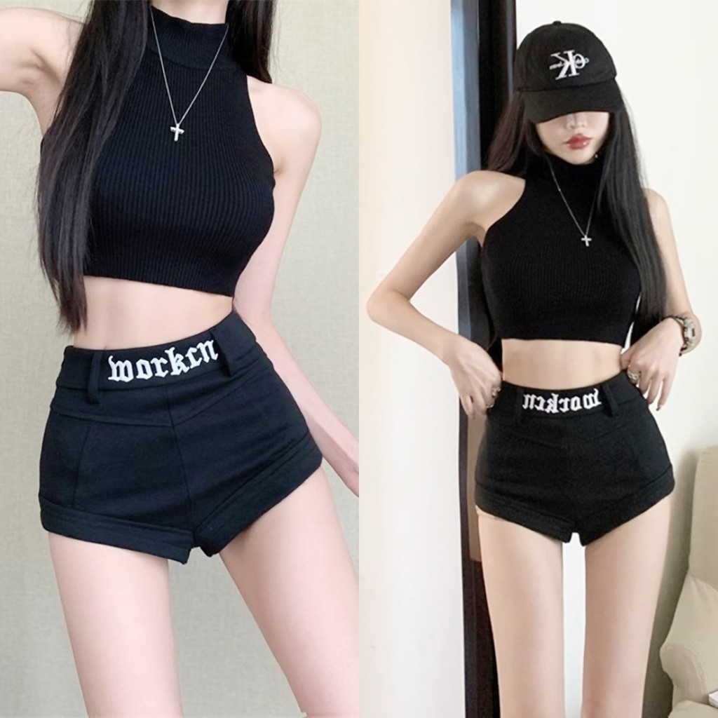 🔥ราคาถูกที่สุด🔥กางเกงขาสั้นสีดำ ขอบปักลายตัวหนังสือขาว มีซิปข้าง