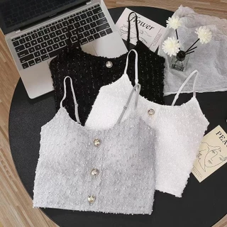 #252 เสื้อครอปสายเดี่ยว ผ้าลูกไม้แต่งกระดุมทอง สีหวานสวย สม๊อคหลัง สินค้าพร้อมส่ง