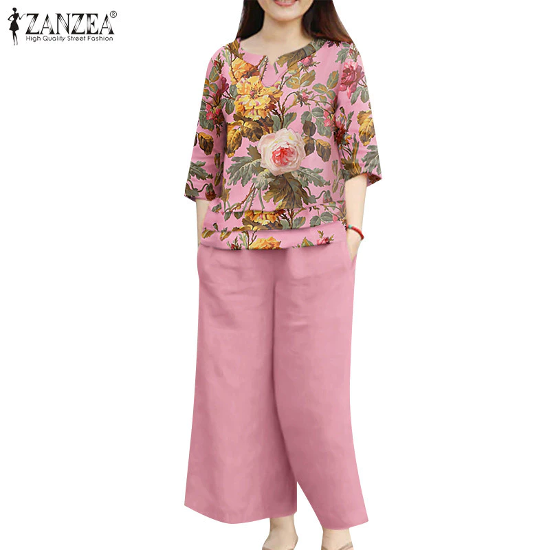 ZANZEA ใส่ ซานเซีย ผู้หญิงเกาหลีลําลองแขนสามในสี่กระเป๋าพิมพ์จีบออกแบบท็อปส์กางเกง