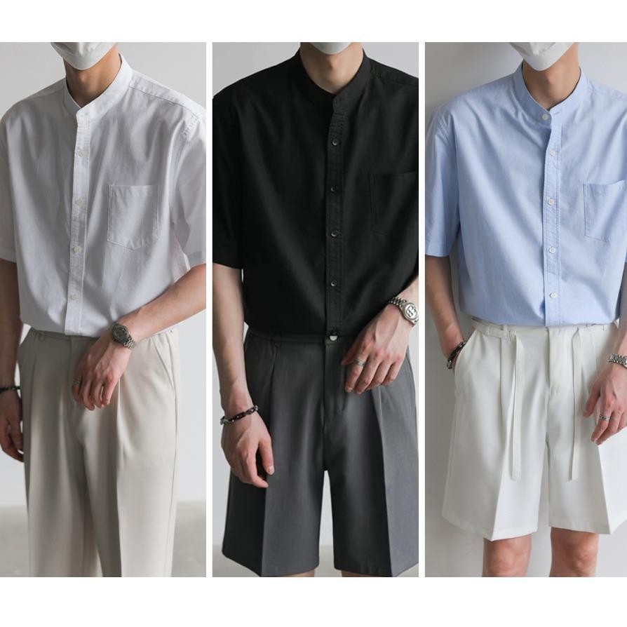 MNO.9 shirt C145 เสื้อเชิ้ตแขนสั้น คอจีน สีพื้น สไตล์เกาหลี เรียบโก้ Man Clothing