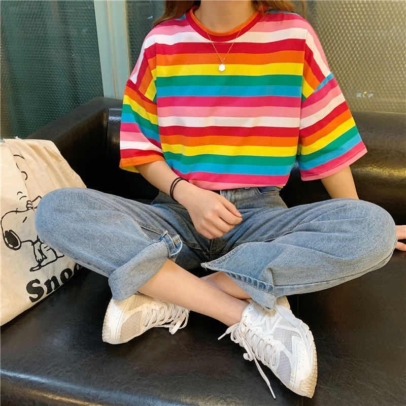 ✨Cynthai✨เสื้อยืด คอกลม เสื้อลายทาง สีรุ้ง 🌈 แบบใหม่ สไตล์เกาหลี ผ้านิ่ม ทรงสวย สวมใส่สบาย💖✨ #009