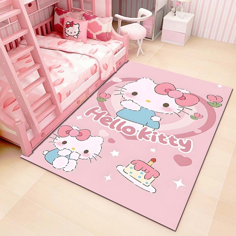 แมวน่ารัก Sanrio Hello Kitty พิมพ์การ์ตูนพรมพรมสําหรับห้องนั่งเล่นห้องนอนสีชมพูตกแต่งห้องพรมปูพื้นกันลื่นสาวของขวัญ