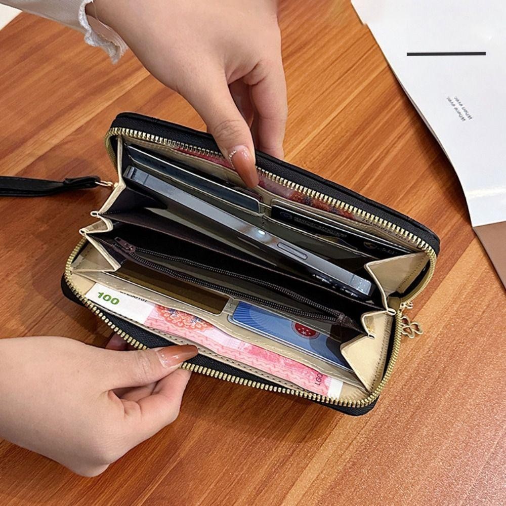 OLINI กระเป๋าใส่เหรียญหนัง PU, ที่ใส่บัตรพร้อมสายรัดข้อมือกระเป๋าสตางค์ยาว, ซิปคลิปเงินผู้หญิงพร้อมอุปกรณ์เสริม