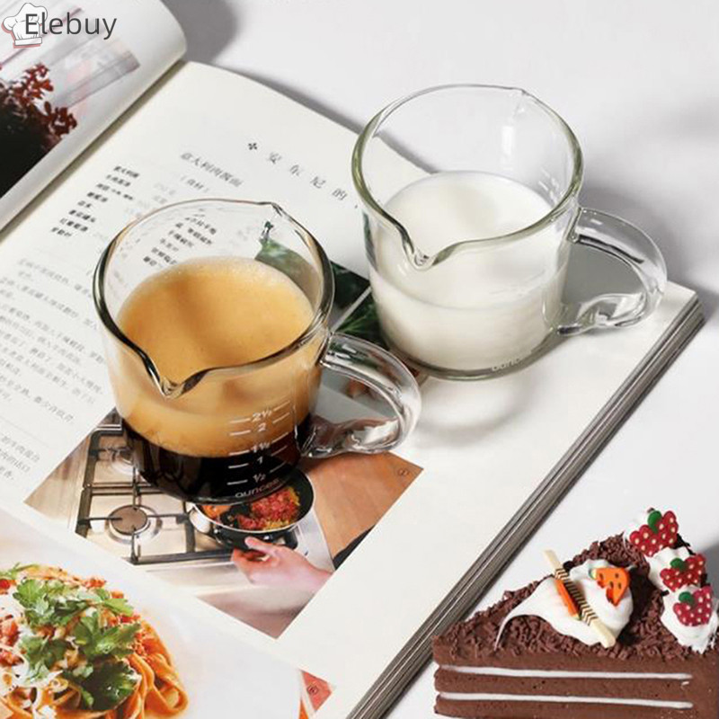 Elebuy 70/75ml ถ้วยตวงแก้ว Borosilicate พร้อมพวยคู่และด้ามจับปิดใหม่