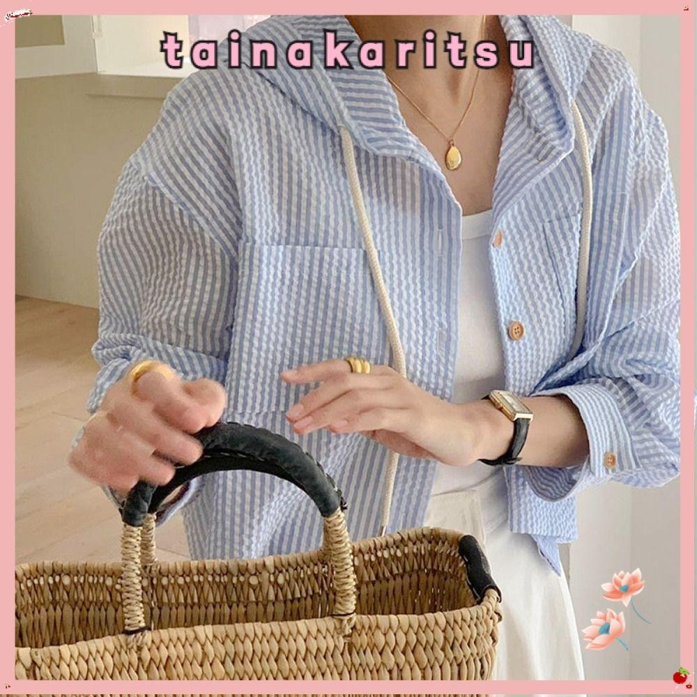 Tainakaritsu เสื้อแจ็คเก็ตกันแดด,เสื้อลายทางสีตัดกันแบบสั้น,เสื้อฮู้ดกระดุมแถวเดียวทรงหลวมหรูหราสําหรับผู้หญิงสาว