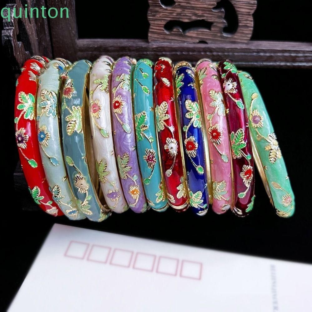 Quinton สร้อยข้อมือจีน Cloisonne กําไลคู่แบบดั้งเดิม Peony Filigree ดอกไม้กําไลข้อมือมือ Vintage เคลือบคลาสสิกผู้หญิงมือสร้อยข้อมือของขวัญสําหรับผู้หญิงสาว