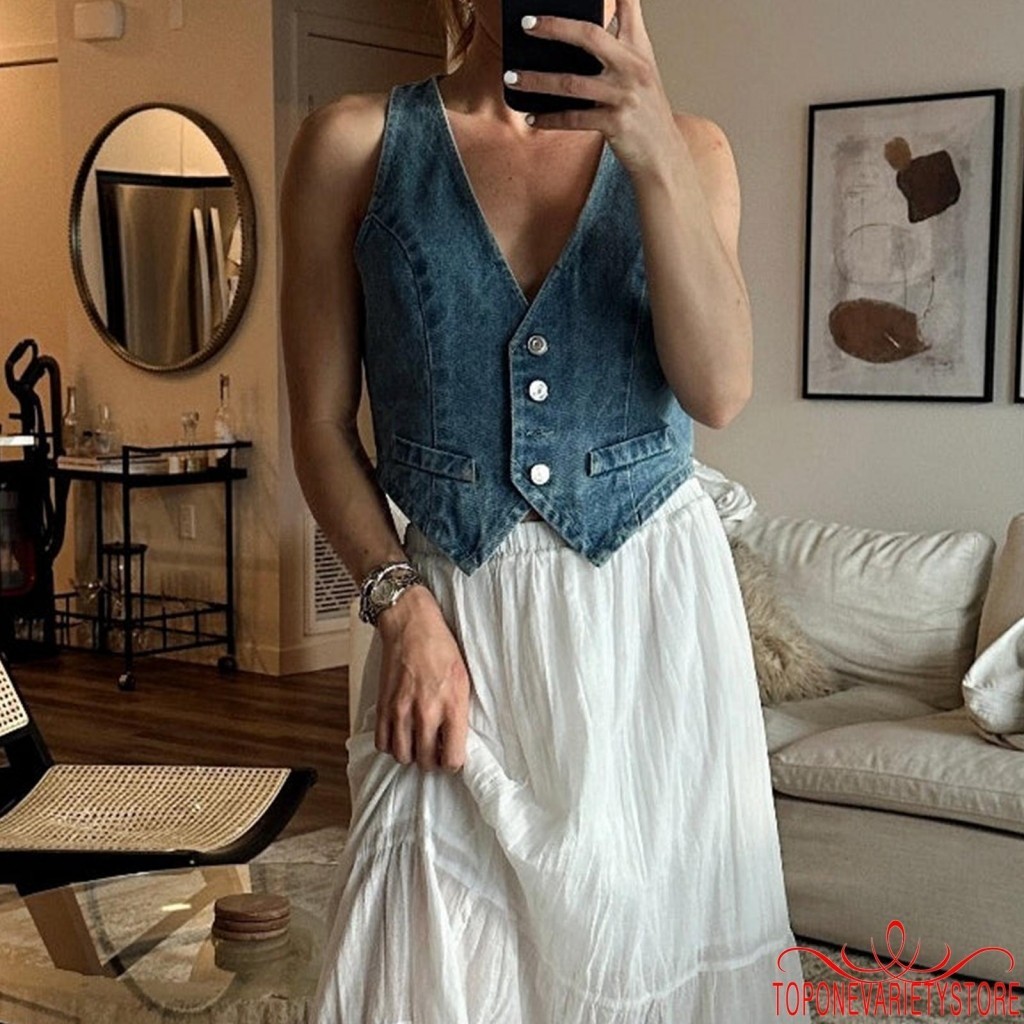 ท็อปวัน-ผู้หญิงฤดูร้อนเสื้อกั๊กยีนส์ลําลองปุ่มด้านหน้าเสื้อกล้ามแขนกุด