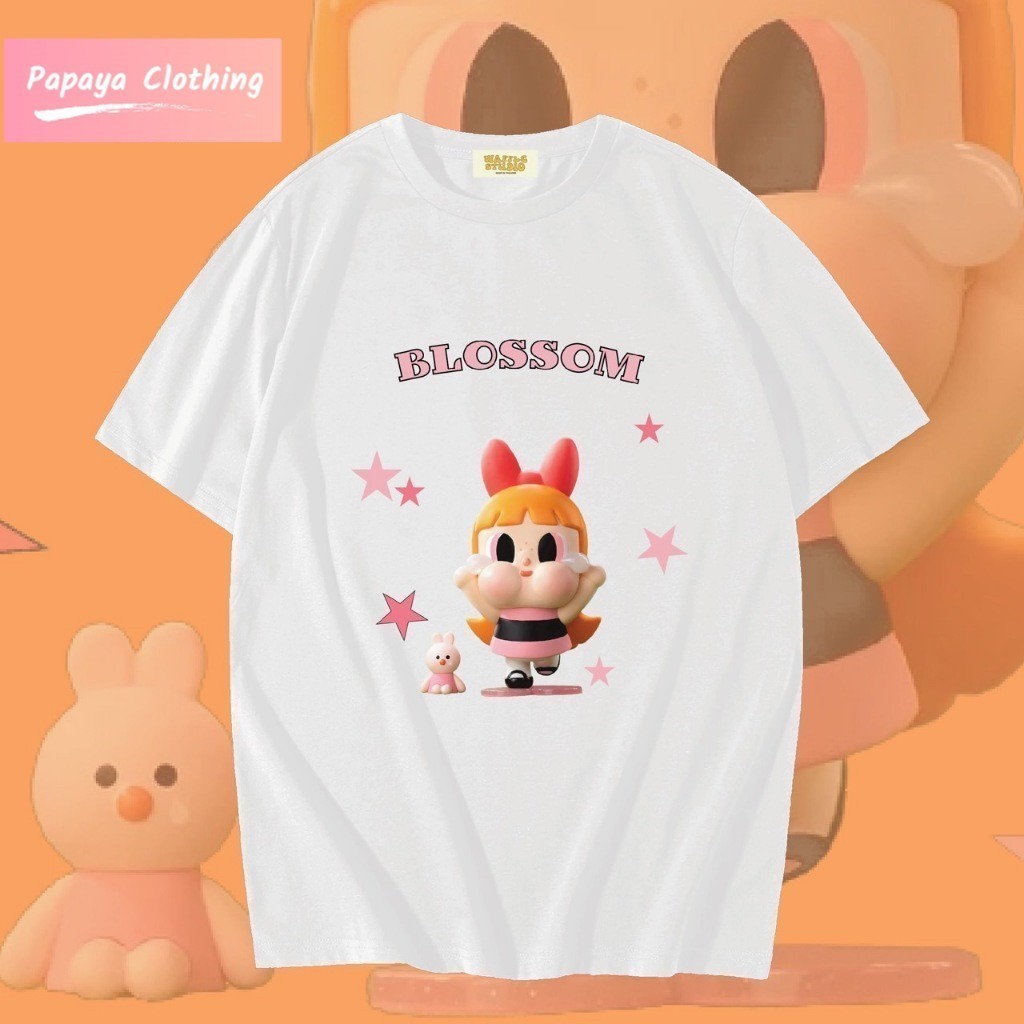 Papaya เสื้อยืดเกาหลี ผ้าคอตตอน100% เสื้อยืด Crybaby Powerpuff Pop Mart