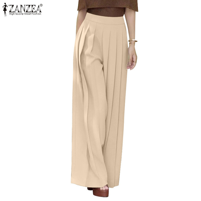ZANZEA ใส่ ซานเซีย ผู้หญิงเกาหลีสบายๆสีทึบ รัฟเฟิล หลวมซิปจีบกางเกง