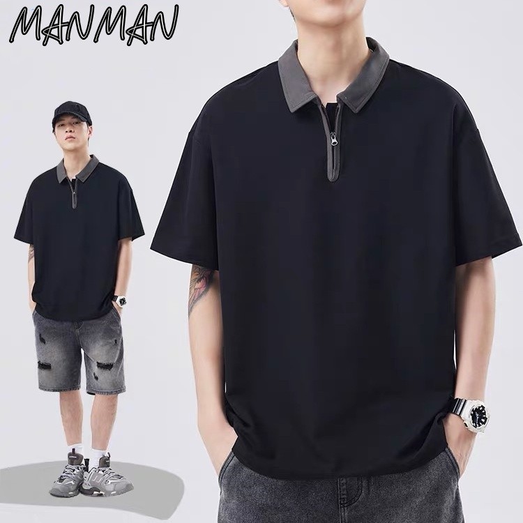 MANMAN เสื้อโปโลผู้ชาย แขนสั้นสีตัดกัน เสื้อคอปก ซิปคอเสื้อ ลำลองแมทช์ลุคง่าย แฟชั่น