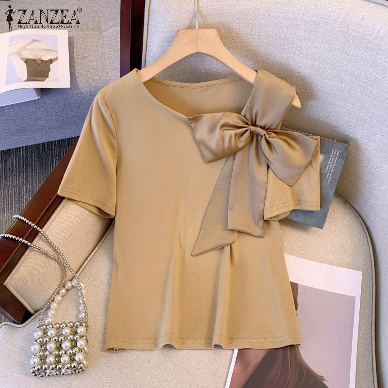 ZANZEA ซานเซีย ผู้หญิงแฟชั่นคอกลมแขนสั้นปิดไหล่เสื้อยืดหลวม