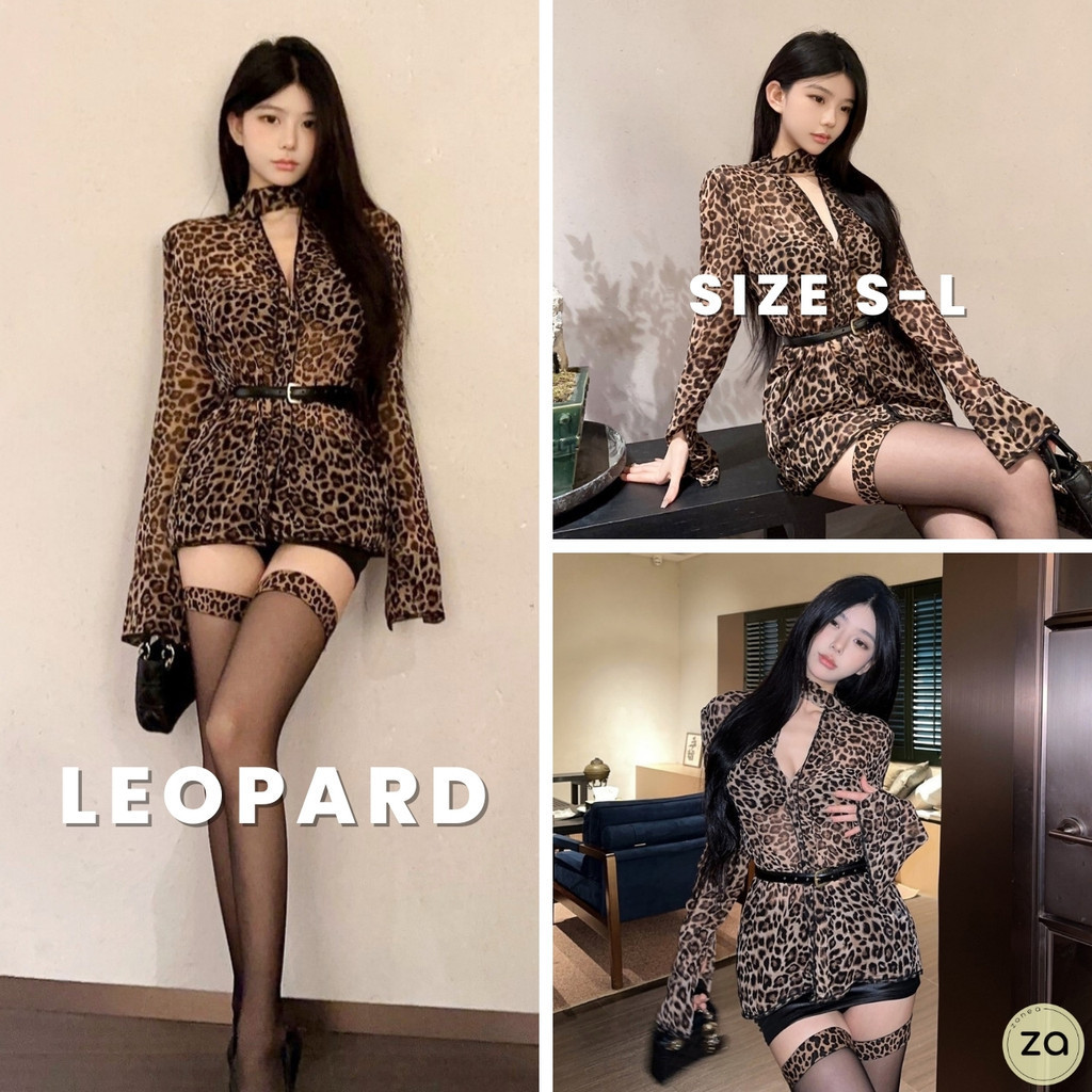 HOT SALE เสื้อเชิ้ตตัวยาว ผ้าชีฟองลายเสือดาว พร้อมเข็มขัดและผ้าพันคอ มีกระดุมหน้า ไม่มีซับ