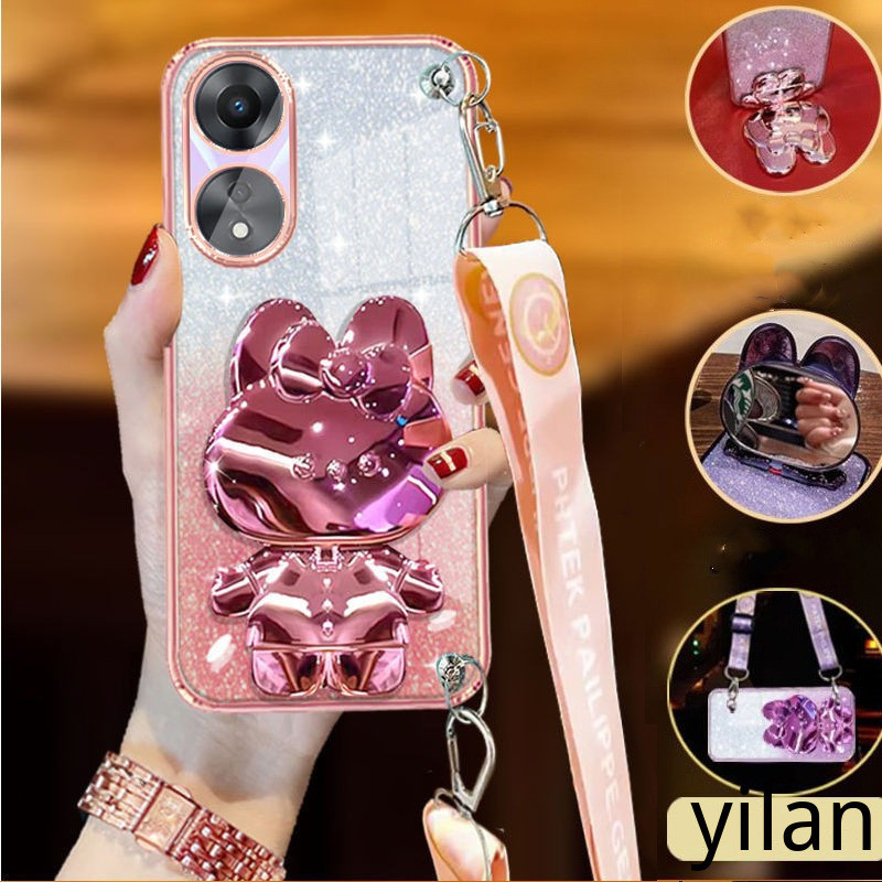 เคส Oppo A18 A38 A98 A17 A17K A58 A78 A77S A77 4G 5G A96 A95 A57 A76 A74 4G 5G 2022 สายยาวสายคล้องข้อมือสไตล์กับกระต่ายเครื่องสําอางกระจกยึดยึดเคสโทรศัพท์ ทีพียู นิ่ม