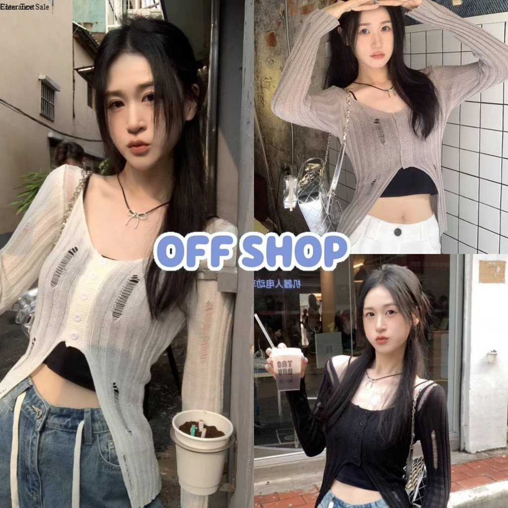 OFF SHOP พร้อมส่ง (OFF-MT725) เสื้อถักไหมพรมแขนยาวเกาหลีสไตล์ คอวี ดีเทลขาดๆ