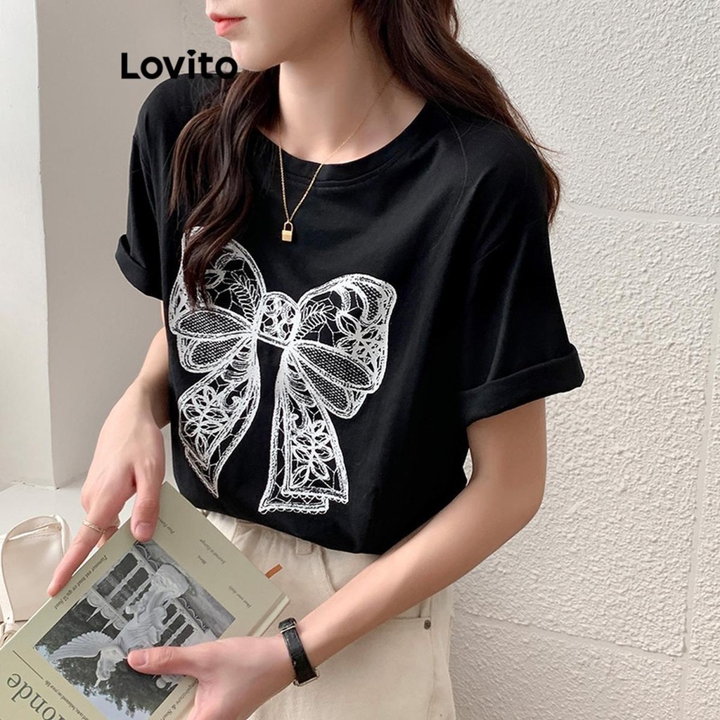 Lovito เสื้อยืดผู้หญิง พิมพ์ลายเรขาคณิต สไตล์ลำลอง LNE50441