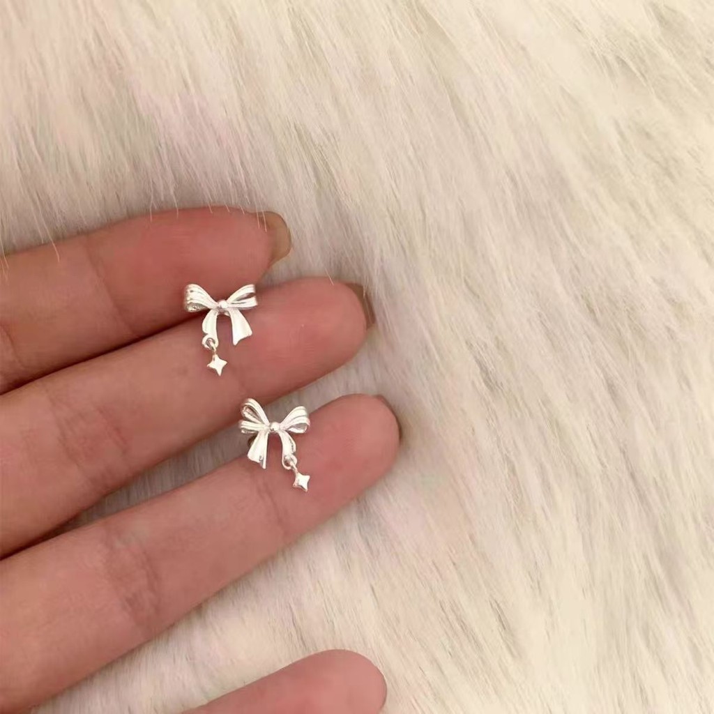 ส925 เงินโบว์ต่างหูแฟชั่นที่เรียบง่ายผู้หญิงเครื่องประดับของขวัญ