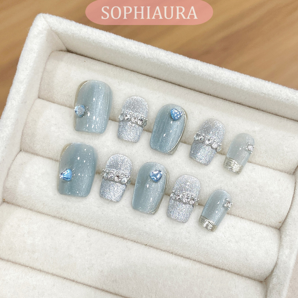 Sophiaura เล็บทําด้วยมือคริสตัลสีฟ้า Cat Eye การออกแบบธรรมดาสั้นสแควร์เงาหรูหรา Elegant Reusable Natrual เล็บปลอมทําด้วยมือกดบนเล็บเล็บปลอมเล็บ